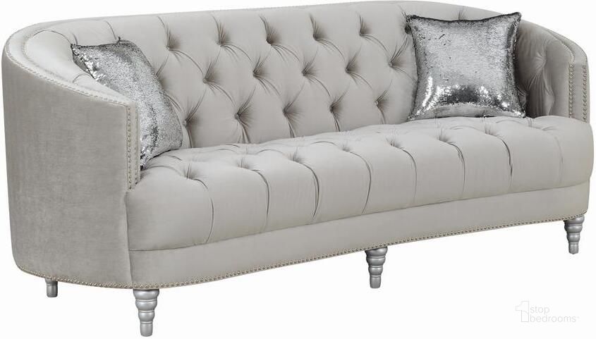 The appearance of Avonlea Gray Sofa designed by Coaster in the modern / contemporary interior design. This gray piece of furniture  was selected by 1StopBedrooms from Avonlea Collection to add a touch of cosiness and style into your home. Sku: 508461. Product Type: Sofa. Material: Velvet. Image1
