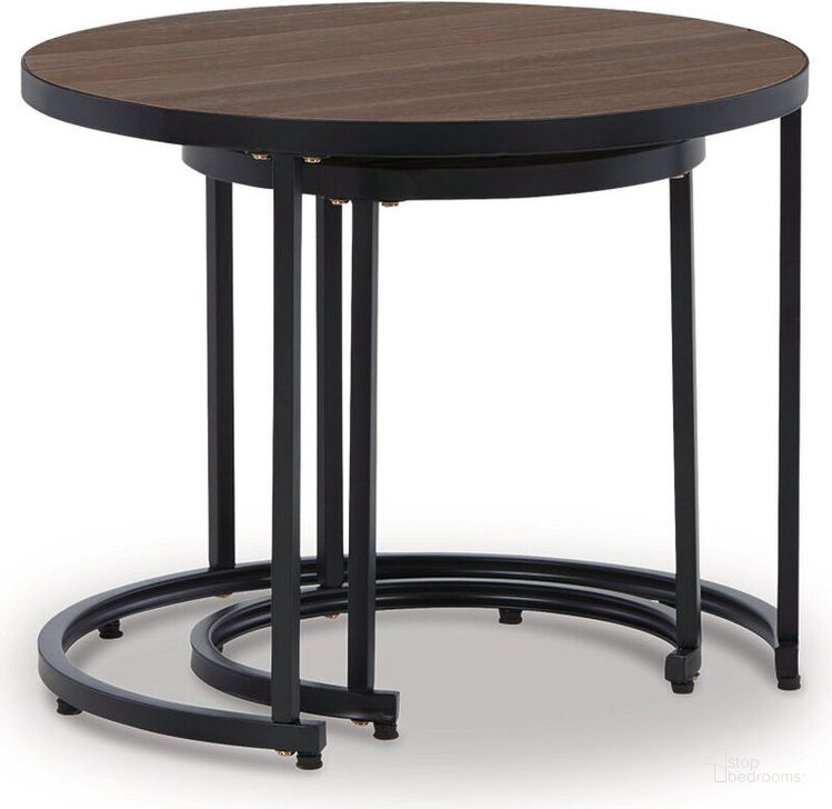 The appearance of Ayla Brown/Black Nesting End Tables Set Of 2 designed by Signature Design by Ashley in the transitional interior design. This brown/black piece of furniture  was selected by 1StopBedrooms from Ayla Collection to add a touch of cosiness and style into your home. Sku: P020-716. Material: Metal. Product Type: Outdoor Table. Image1