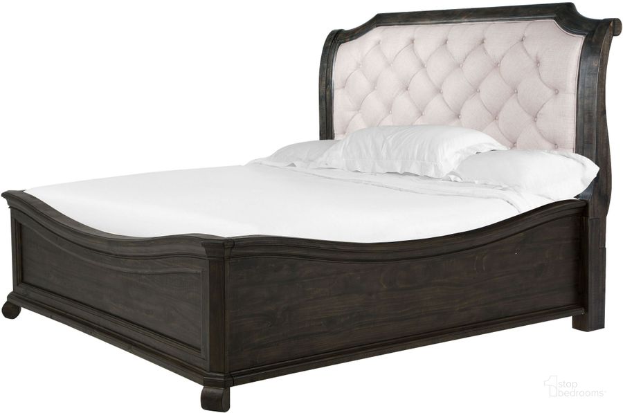 The appearance of Bellamy Peppercorn Cal. King Sleigh Bed with Shaped Footboard designed by Magnussen in the transitional interior design. This brown piece of furniture  was selected by 1StopBedrooms from Bellamy Collection to add a touch of cosiness and style into your home. Sku: B2491-63H;B2491-65F;B2491-75R. Bed Type: Sleigh Bed. Material: Wood. Product Type: Sleigh Bed. Bed Size: California King. Image1