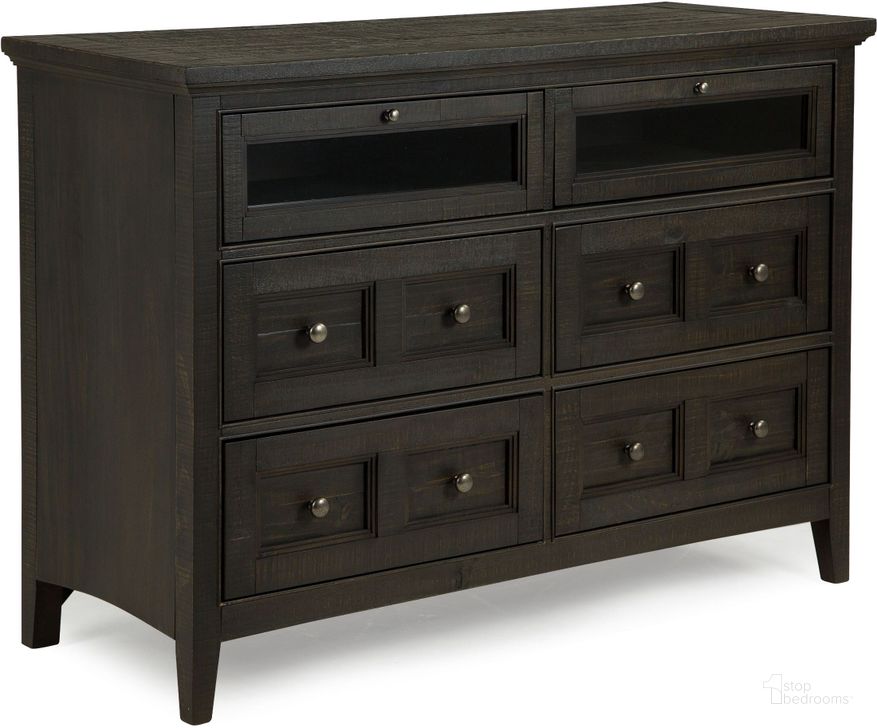 The appearance of Westley Falls Graphite Media Chest designed by Magnussen in the modern / contemporary interior design. This brown piece of furniture  was selected by 1StopBedrooms from Westley Falls Collection to add a touch of cosiness and style into your home. Sku: B4399-36. Material: Wood. Product Type: Media Chest. Image1