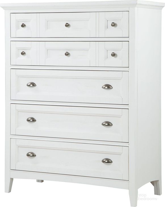 The appearance of Heron Cove Chalk White Drawer Chest designed by Magnussen in the modern / contemporary interior design. This white piece of furniture  was selected by 1StopBedrooms from Heron Cove Collection to add a touch of cosiness and style into your home. Sku: B4400-10. Material: Wood. Product Type: Chest. Image1