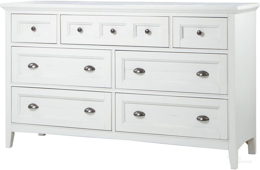 The appearance of Heron Cove Chalk White Drawer Dresser designed by Magnussen in the modern / contemporary interior design. This white piece of furniture  was selected by 1StopBedrooms from Heron Cove Collection to add a touch of cosiness and style into your home. Sku: B4400-20. Material: Wood. Product Type: Dresser. Image1