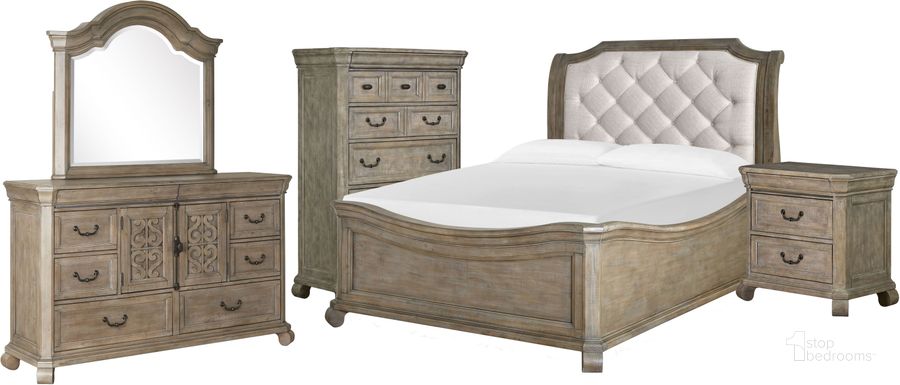 The appearance of Tinley Park Dove Tail Grey Shaped Sleigh Bedroom Set designed by Magnussen in the traditional interior design. This brown piece of furniture  was selected by 1StopBedrooms from Tinley Park Collection to add a touch of cosiness and style into your home. Sku: B4646-53H;B4646-55F;B4646-55R;B4646-07. Bed Type: Sleigh Bed. Product Type: Sleigh Bed. Bed Size: Queen. Material: Pine.
