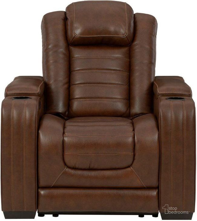 The appearance of Backtrack Power Recliner With Power Headrest In Chocolate designed by Signature Design by Ashley in the modern / contemporary interior design. This chocolate piece of furniture  was selected by 1StopBedrooms from Backtrack Collection to add a touch of cosiness and style into your home. Sku: U2800413. Product Type: Recliner. Material: Leather Match. Image1