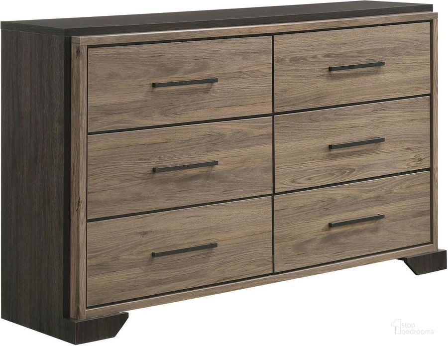 The appearance of Baker 6-Drawer Dresser Brown and Light Taupe designed by Coaster in the modern / contemporary interior design. This taupe and brown piece of furniture  was selected by 1StopBedrooms from Baker Collection to add a touch of cosiness and style into your home. Sku: 224463. Product Type: Dresser. Material: Laminate. Image1