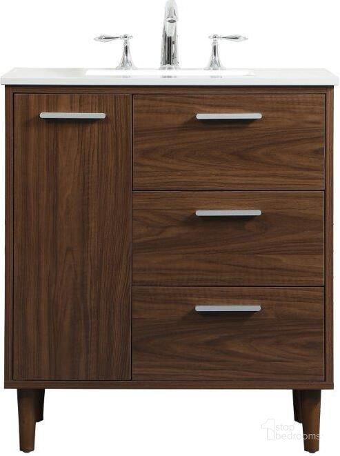 The appearance of Baldwin 30 Inch Bathroom Vanity In Walnut designed by Elegant Lighting in the transitional interior design. This walnut piece of furniture  was selected by 1StopBedrooms from Baldwin Collection to add a touch of cosiness and style into your home. Sku: VF47030MWT. Material: Wood. Product Type: Bathroom Vanity. Image1