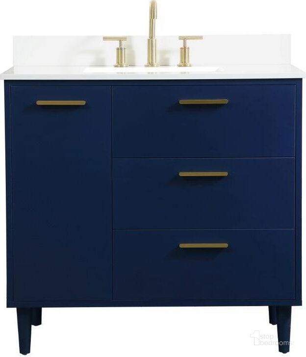 The appearance of Baldwin 36 Inch Bathroom Vanity In Blue With Backsplash designed by Elegant Lighting in the transitional interior design. This blue piece of furniture  was selected by 1StopBedrooms from Baldwin Collection to add a touch of cosiness and style into your home. Sku: VF47036MBL-BS. Material: Wood. Product Type: Bathroom Vanity. Image1