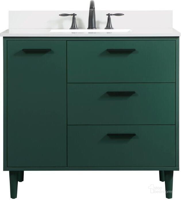 The appearance of Baldwin 36 Inch Bathroom Vanity In Green With Backsplash designed by Elegant Lighting in the transitional interior design. This green piece of furniture  was selected by 1StopBedrooms from Baldwin Collection to add a touch of cosiness and style into your home. Sku: VF47036MGN-BS. Material: Wood. Product Type: Bathroom Vanity. Image1