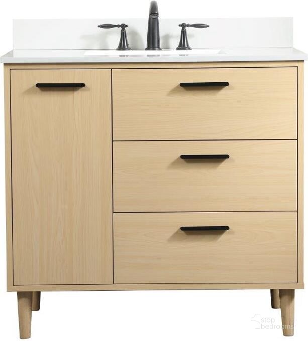The appearance of Baldwin 36 Inch Bathroom Vanity In Maple With Backsplash designed by Elegant Lighting in the transitional interior design. This maple piece of furniture  was selected by 1StopBedrooms from Baldwin Collection to add a touch of cosiness and style into your home. Sku: VF47036MMP-BS. Material: Wood. Product Type: Bathroom Vanity. Image1