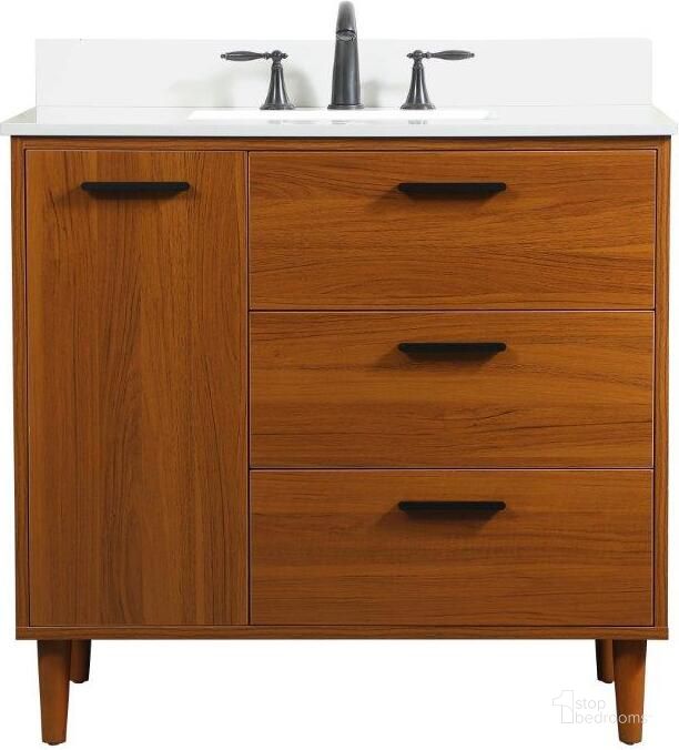 The appearance of Baldwin 36 Inch Bathroom Vanity In Teak With Backsplash designed by Elegant Lighting in the transitional interior design. This teak piece of furniture  was selected by 1StopBedrooms from Baldwin Collection to add a touch of cosiness and style into your home. Sku: VF47036MTK-BS. Material: Wood. Product Type: Bathroom Vanity. Image1