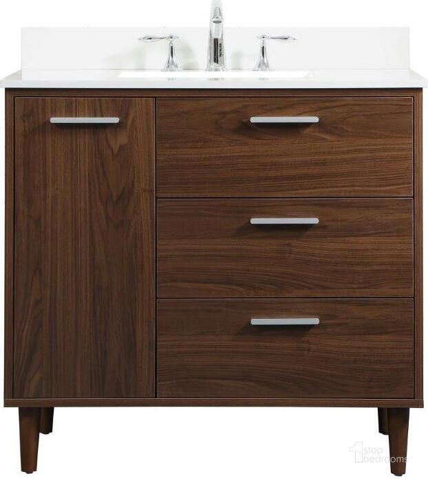 The appearance of Baldwin 36 Inch Bathroom Vanity In Walnut With Backsplash designed by Elegant Lighting in the transitional interior design. This walnut piece of furniture  was selected by 1StopBedrooms from Baldwin Collection to add a touch of cosiness and style into your home. Sku: VF47036MWT-BS. Material: Wood. Product Type: Bathroom Vanity. Image1