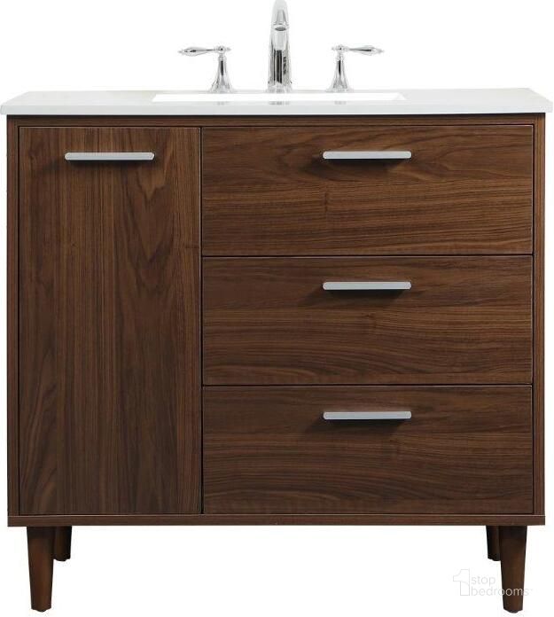 The appearance of Baldwin 36 Inch Bathroom Vanity In Walnut designed by Elegant Lighting in the transitional interior design. This walnut piece of furniture  was selected by 1StopBedrooms from Baldwin Collection to add a touch of cosiness and style into your home. Sku: VF47036MWT. Material: Wood. Product Type: Bathroom Vanity. Image1