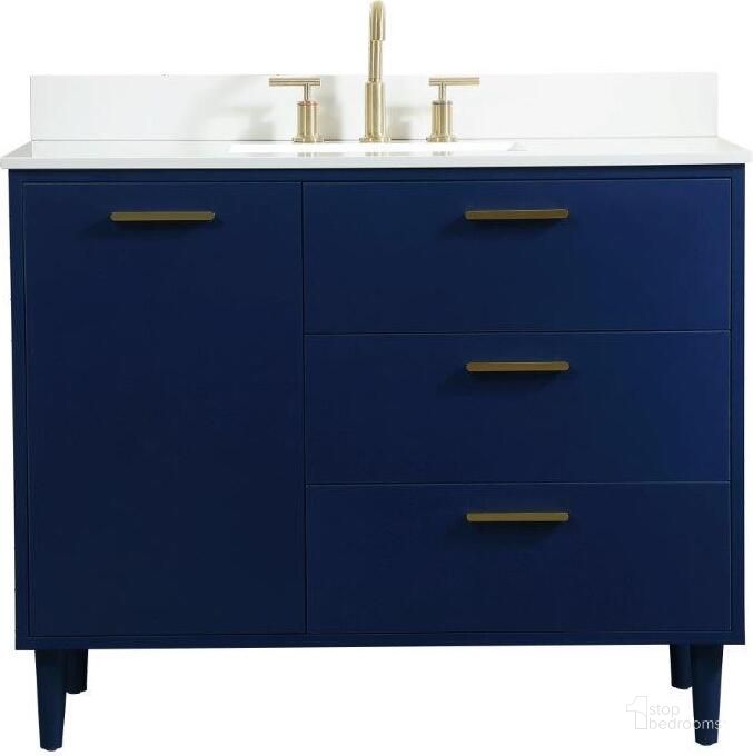 The appearance of Baldwin 42 Inch Bathroom Vanity In Blue With Backsplash designed by Elegant Lighting in the transitional interior design. This blue piece of furniture  was selected by 1StopBedrooms from Baldwin Collection to add a touch of cosiness and style into your home. Sku: VF47042MBL-BS. Material: Wood. Product Type: Bathroom Vanity. Image1