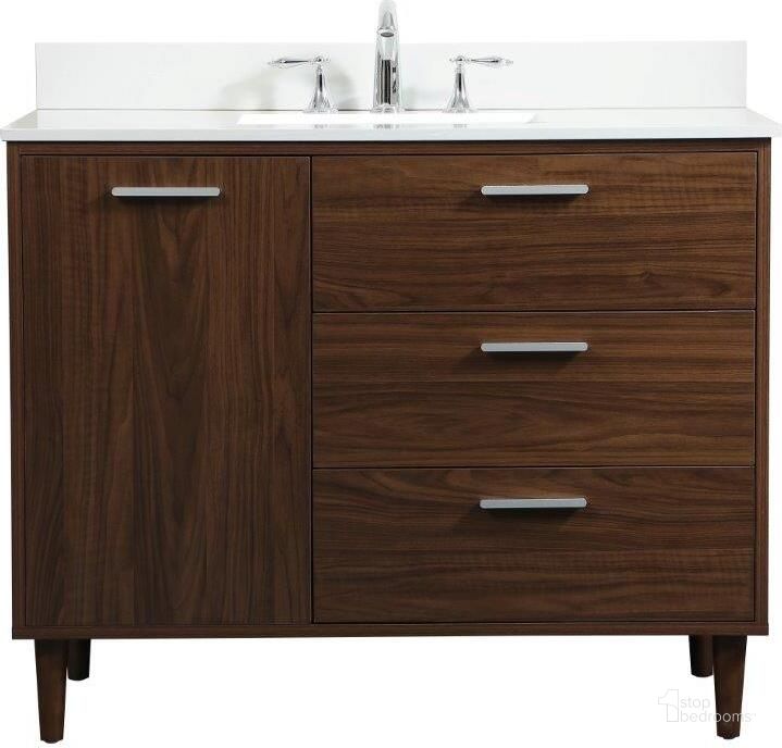 The appearance of Baldwin 42 Inch Bathroom Vanity In Walnut With Backsplash designed by Elegant Lighting in the transitional interior design. This walnut piece of furniture  was selected by 1StopBedrooms from Baldwin Collection to add a touch of cosiness and style into your home. Sku: VF47042MWT-BS. Material: Wood. Product Type: Bathroom Vanity. Image1