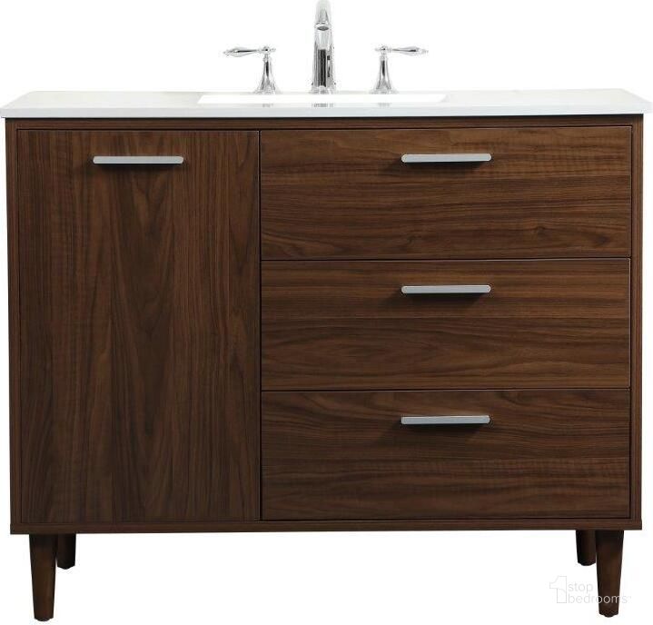 The appearance of Baldwin 42 Inch Bathroom Vanity In Walnut designed by Elegant Lighting in the transitional interior design. This walnut piece of furniture  was selected by 1StopBedrooms from Baldwin Collection to add a touch of cosiness and style into your home. Sku: VF47042MWT. Material: Wood. Product Type: Bathroom Vanity. Image1