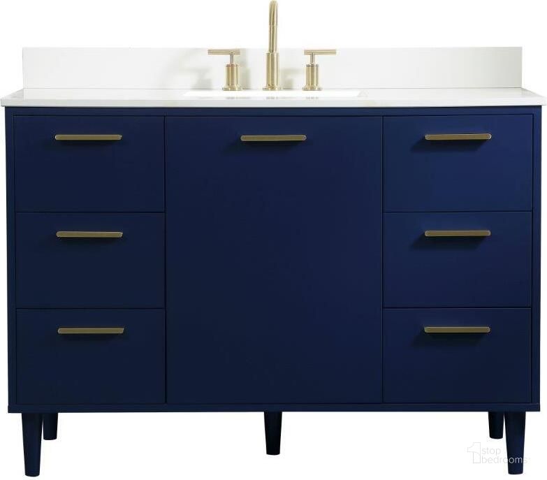 The appearance of Baldwin 48 Inch Bathroom Vanity In Blue With Backsplash designed by Elegant Lighting in the transitional interior design. This blue piece of furniture  was selected by 1StopBedrooms from Baldwin Collection to add a touch of cosiness and style into your home. Sku: VF47048MBL-BS. Material: Wood. Product Type: Bathroom Vanity. Image1