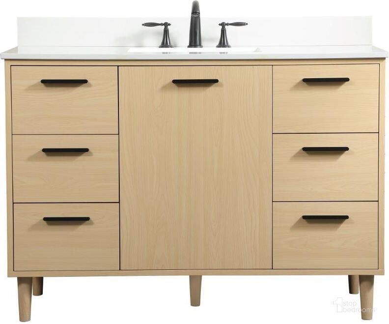 The appearance of Baldwin 48 Inch Bathroom Vanity In Maple With Backsplash designed by Elegant Lighting in the transitional interior design. This maple piece of furniture  was selected by 1StopBedrooms from Baldwin Collection to add a touch of cosiness and style into your home. Sku: VF47048MMP-BS. Material: Wood. Product Type: Bathroom Vanity. Image1