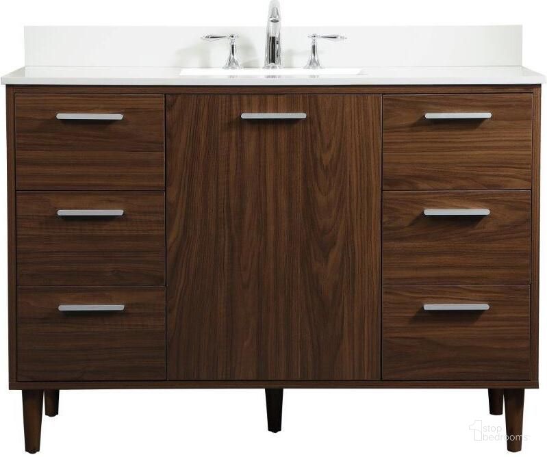 The appearance of Baldwin 48 Inch Bathroom Vanity In Walnut With Backsplash designed by Elegant Lighting in the transitional interior design. This walnut piece of furniture  was selected by 1StopBedrooms from Baldwin Collection to add a touch of cosiness and style into your home. Sku: VF47048MWT-BS. Material: Wood. Product Type: Bathroom Vanity. Image1