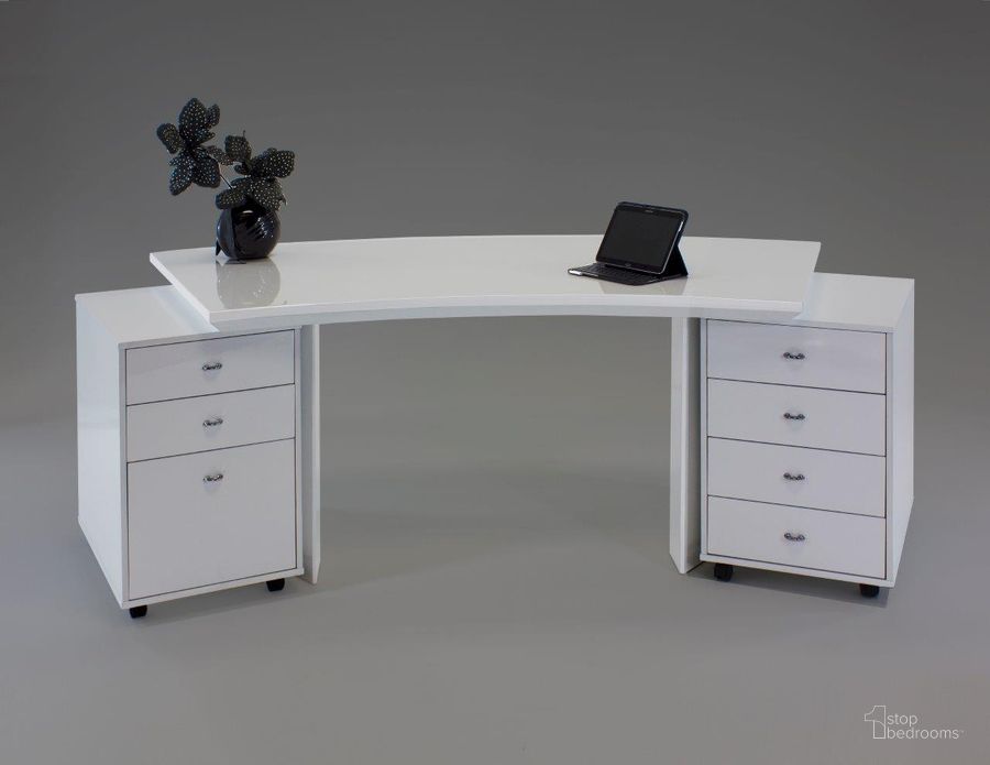 The appearance of Bali White Gloss Curved Desk designed by Sharelle Furnishings in the modern / contemporary interior design. This white piece of furniture  was selected by 1StopBedrooms from Bali Collection to add a touch of cosiness and style into your home. Sku: BALI-WG-CURVEDDESK. Product Type: Desk. Material: Bonded Leather. Image1