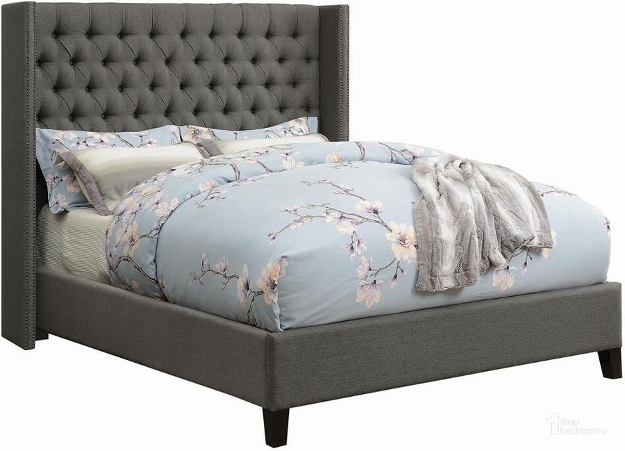The appearance of Bancroft Demi-Wing Upholstered Eastern King Bed In Grey designed by Coaster in the traditional interior design. This grey piece of furniture  was selected by 1StopBedrooms from Bancroft Collection to add a touch of cosiness and style into your home. Sku: 301405KEB1;301405KEB2. Bed Type: Platform Bed. Material: Fabric. Product Type: Platform Bed. Bed Size: King. Image1