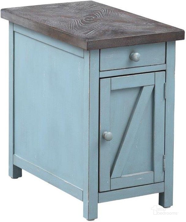 The appearance of Bar Harbor Blue 1 Drawer Chairside Cabinet designed by Coast to Coast in the transitional interior design. This blue piece of furniture  was selected by 1StopBedrooms from Bar Harbor Collection to add a touch of cosiness and style into your home. Sku: 40307. Product Type: End Table. Material: Pine. Image1