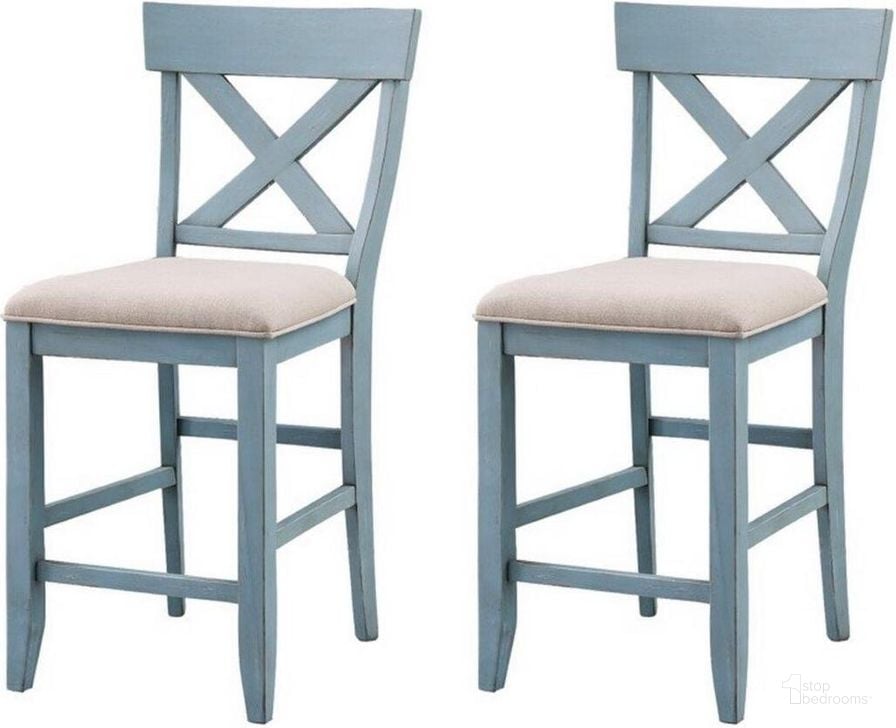The appearance of Bar Harbor Blue Counter Height Dining Chair Set of 2 designed by Coast to Coast in the transitional interior design. This blue piece of furniture  was selected by 1StopBedrooms from Bar Harbor Collection to add a touch of cosiness and style into your home. Sku: 40300. Product Type: Side Chair. Material: Pine. Image1