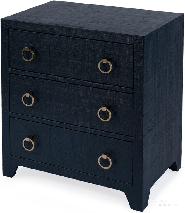 The appearance of Bar Harbor Raffia 3 Drawer Nightstand In Navy Blue designed by Butler Specialty Company in the traditional interior design. This navy blue piece of furniture  was selected by 1StopBedrooms from Bar Harbor Collection to add a touch of cosiness and style into your home. Sku: 5667410. Material: Wood. Product Type: Nightstand. Image1
