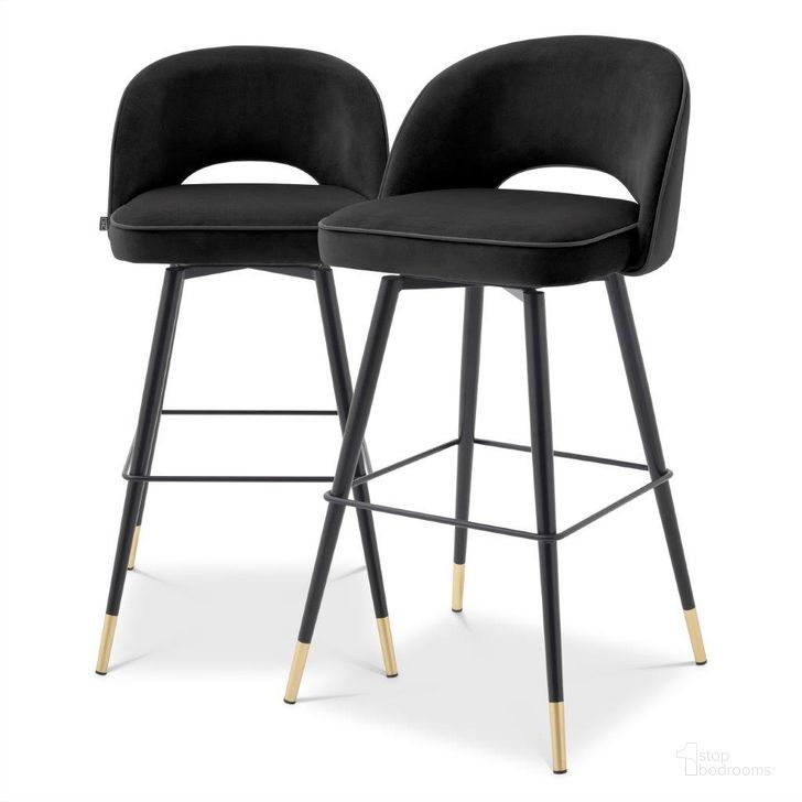The appearance of Bar Stool In Cliff Roche Black Velvet Set Of 2 designed by Eichholtz in the modern / contemporary interior design. This black piece of furniture  was selected by 1StopBedrooms from Cliff Collection to add a touch of cosiness and style into your home. Sku: A114574. Material: Leather. Product Type: Barstool. Image1