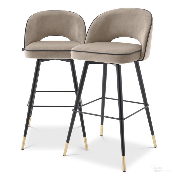The appearance of Bar Stool In Cliff Savona Greige Velvet Set Of 2 designed by Eichholtz in the modern / contemporary interior design. This greige piece of furniture  was selected by 1StopBedrooms from Cliff Collection to add a touch of cosiness and style into your home. Sku: A113711. Material: Leather. Product Type: Barstool. Image1