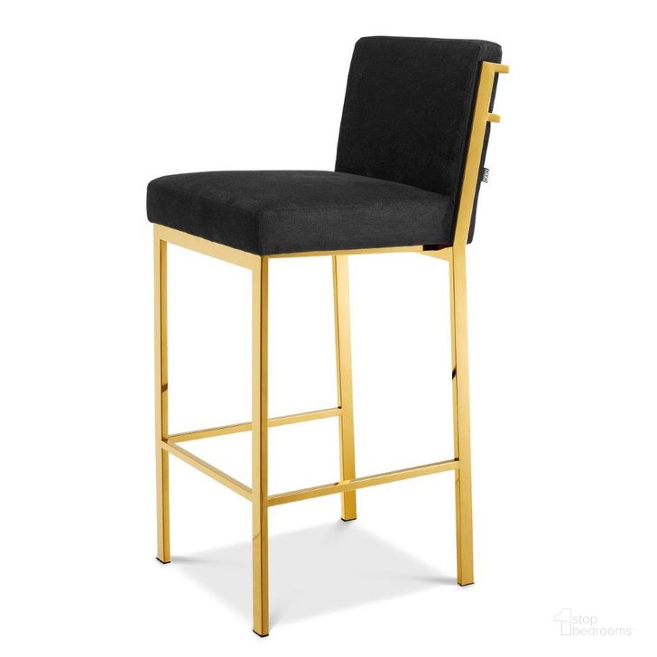 The appearance of Bar Stool In Scott Gold Finish Black Velvet designed by Eichholtz in the modern / contemporary interior design. This gold piece of furniture  was selected by 1StopBedrooms from Scott Collection to add a touch of cosiness and style into your home. Sku: A111419. Product Type: Barstool. Material: Velvet. Image1