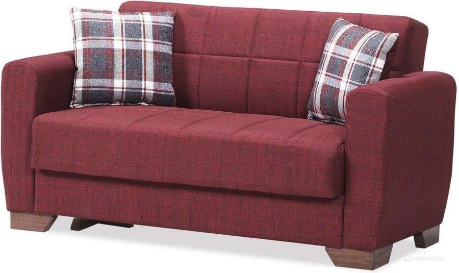 The appearance of Barato Upholstered Convertible Loveseat with Storage In Burgundy designed by Casamode in the modern / contemporary interior design. This burgundy piece of furniture  was selected by 1StopBedrooms from Barato Collection to add a touch of cosiness and style into your home. Sku: BAR-LS-FBY. Product Type: Loveseat. Material: Chenille. Image1