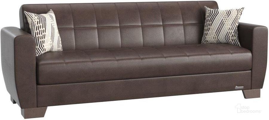 The appearance of Barato Upholstered Convertible Sofabed with Storage In Brown designed by Casamode in the modern / contemporary interior design. This brown piece of furniture  was selected by 1StopBedrooms from Barato Collection to add a touch of cosiness and style into your home. Sku: BAR-BN-PU-SB. Material: Leather. Product Type: Sofa Bed. Image1