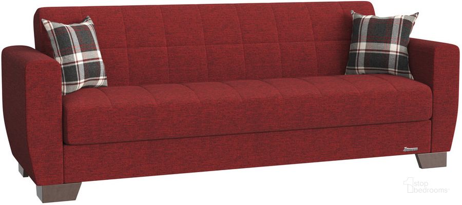 The appearance of Barato Upholstered Convertible Sofabed with Storage In Burgundy designed by Casamode in the modern / contemporary interior design. This burgundy piece of furniture  was selected by 1StopBedrooms from Barato Collection to add a touch of cosiness and style into your home. Sku: BAR-BUR-SB. Product Type: Sofa Bed. Material: Chenille. Image1