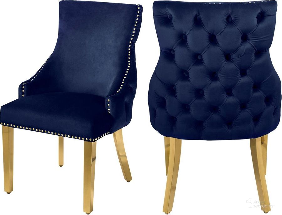 The appearance of Barnabe Navy Velvet Dining Chair Set of 2 designed by Furnique in the modern / contemporary interior design. This navy velvet piece of furniture  was selected by 1StopBedrooms from Barnabe Collection to add a touch of cosiness and style into your home. Sku: 730Navy-C. Product Type: Dining Chair. Material: Stainless Steel. Image1
