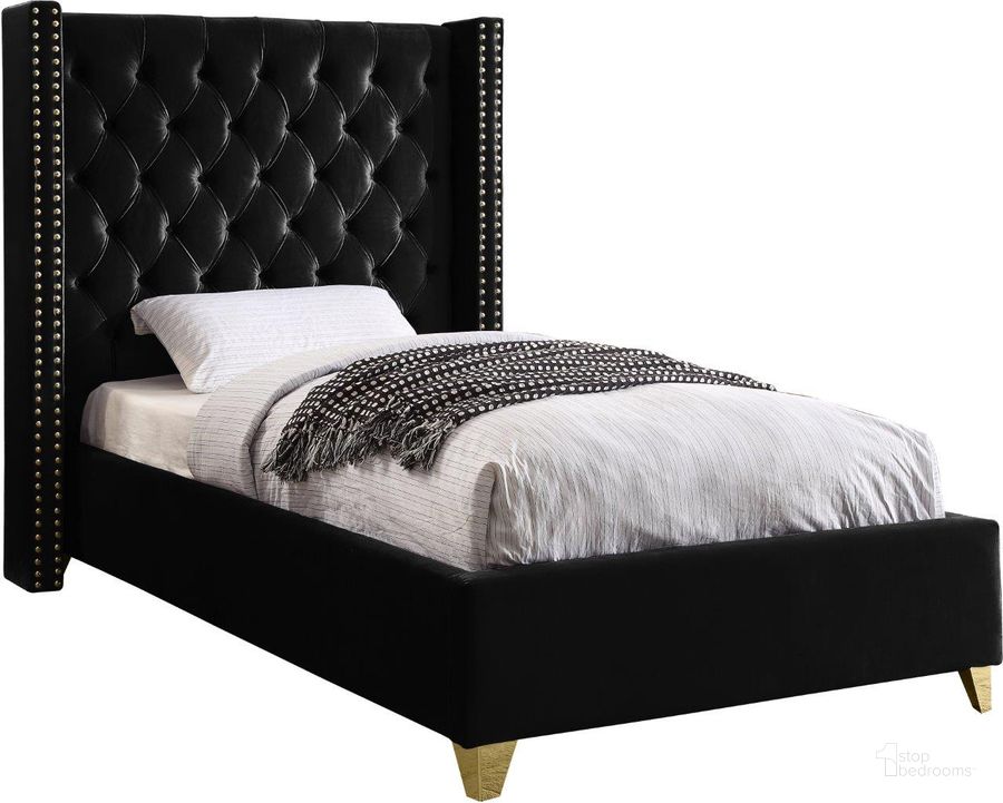 The appearance of Barolo Velvet Twin Bed In Black designed by Meridian in the modern / contemporary interior design. This black piece of furniture  was selected by 1StopBedrooms from Barolo Collection to add a touch of cosiness and style into your home. Sku: BaroloBlack-T-1;BaroloBlack-T-2. Product Type: Bed. Bed Size: Twin. Material: Velvet. Image1