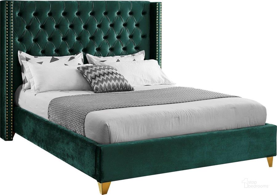 The appearance of Barolo Velvet Queen Bed In Green designed by Meridian in the modern / contemporary interior design. This green piece of furniture  was selected by 1StopBedrooms from Barolo Collection to add a touch of cosiness and style into your home. Sku: BaroloGreen-Q-1;BaroloGreen-Q-2. Product Type: Bed. Bed Size: Queen. Material: Velvet. Image1