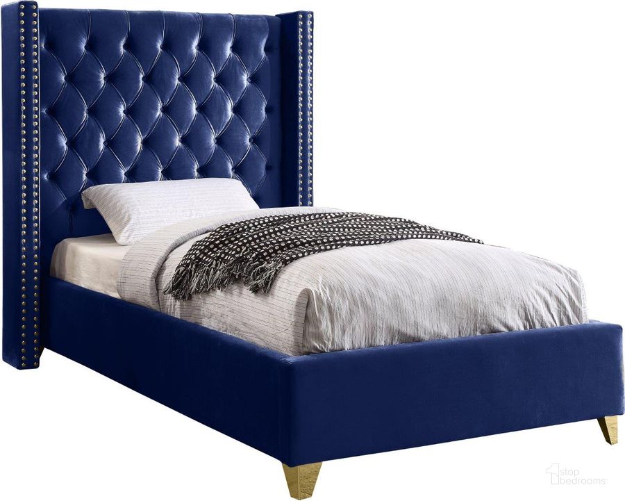The appearance of Barolo Velvet Twin Bed In Navy designed by Meridian in the modern / contemporary interior design. This navy piece of furniture  was selected by 1StopBedrooms from Barolo Collection to add a touch of cosiness and style into your home. Sku: BaroloNavy-T-1;BaroloNavy-T-2. Product Type: Bed. Bed Size: Twin. Material: Velvet. Image1