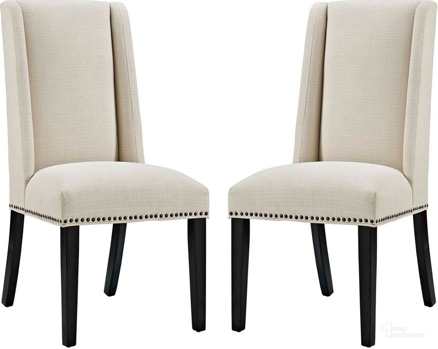 The appearance of Baron Beige Dining Chair Fabric Set of 2 EEI-2748-BEI-SET designed by Modway in the modern / contemporary interior design. This beige piece of furniture  was selected by 1StopBedrooms from Baron Collection to add a touch of cosiness and style into your home. Sku: EEI-2748-BEI-SET. Material: Wood. Product Type: Dining Chair. Image1