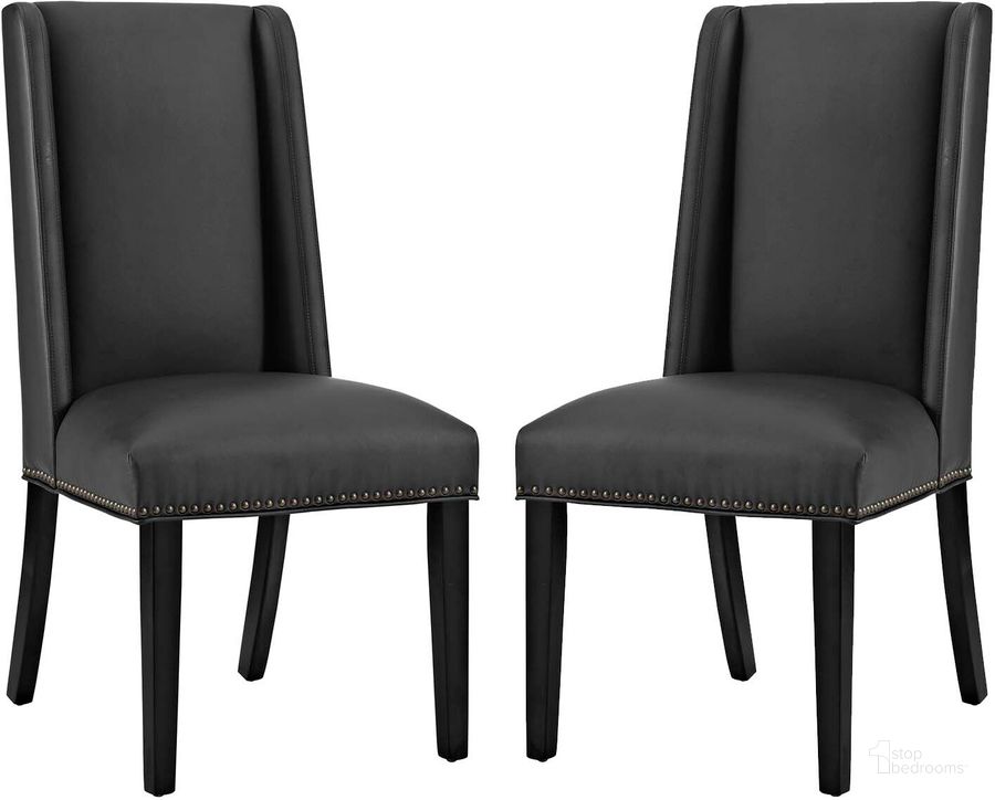 The appearance of Baron Black Dining Chair Vinyl Set of 2 designed by Modway in the modern / contemporary interior design. This black piece of furniture  was selected by 1StopBedrooms from Baron Collection to add a touch of cosiness and style into your home. Sku: EEI-2747-BLK-SET. Product Type: Dining Chair. Material: Plywood. Image1