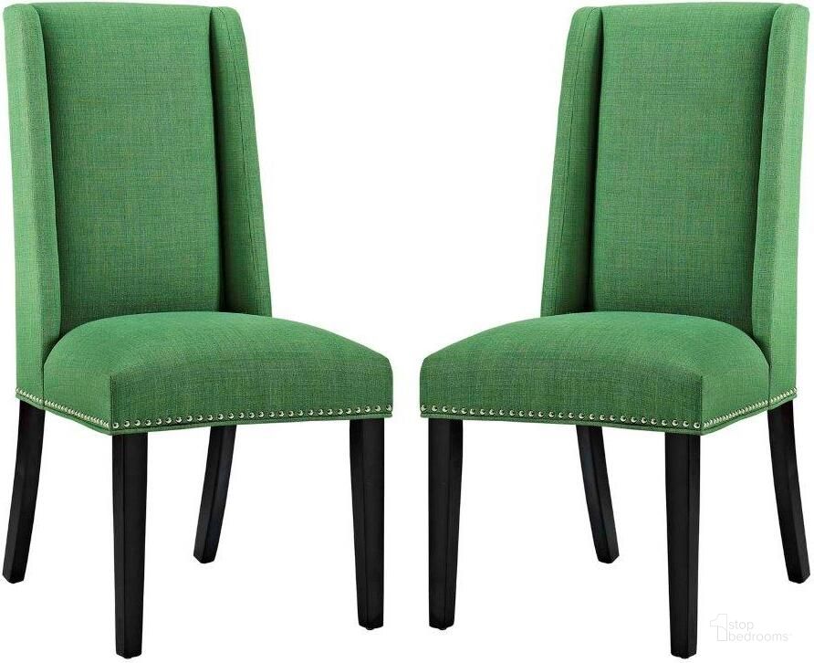 The appearance of Baron Dining Chair Fabric Set of 2 In Green designed by Modway in the modern / contemporary interior design. This green piece of furniture  was selected by 1StopBedrooms from Baron Collection to add a touch of cosiness and style into your home. Sku: EEI-2748-GRN-SET. Material: Wood. Product Type: Dining Chair. Image1