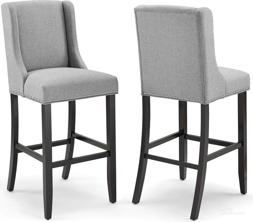 The appearance of Baron Light Gray Bar Stool Upholstered Fabric Set of 2 designed by Modway in the modern / contemporary interior design. This light gray piece of furniture  was selected by 1StopBedrooms from Baron Collection to add a touch of cosiness and style into your home. Sku: EEI-4018-LGR. Material: MDF. Product Type: Barstool. Image1
