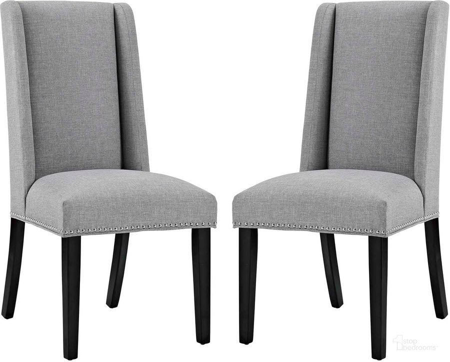 The appearance of Baron Light Gray Dining Chair Fabric Set of 2 designed by Modway in the modern / contemporary interior design. This light gray piece of furniture  was selected by 1StopBedrooms from Baron Collection to add a touch of cosiness and style into your home. Sku: EEI-2748-LGR-SET. Material: Wood. Product Type: Dining Chair. Image1