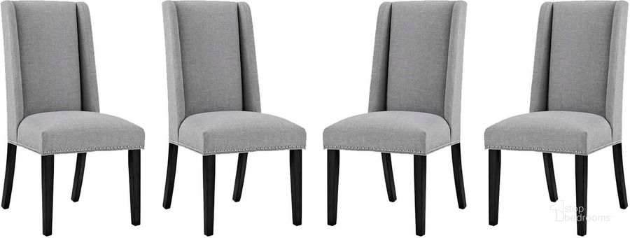 The appearance of Baron Light Gray Dining Chair Fabric Set of 4 designed by Modway in the modern / contemporary interior design. This light gray piece of furniture  was selected by 1StopBedrooms from Baron Collection to add a touch of cosiness and style into your home. Sku: EEI-3503-LGR. Material: Wood. Product Type: Dining Chair. Image1