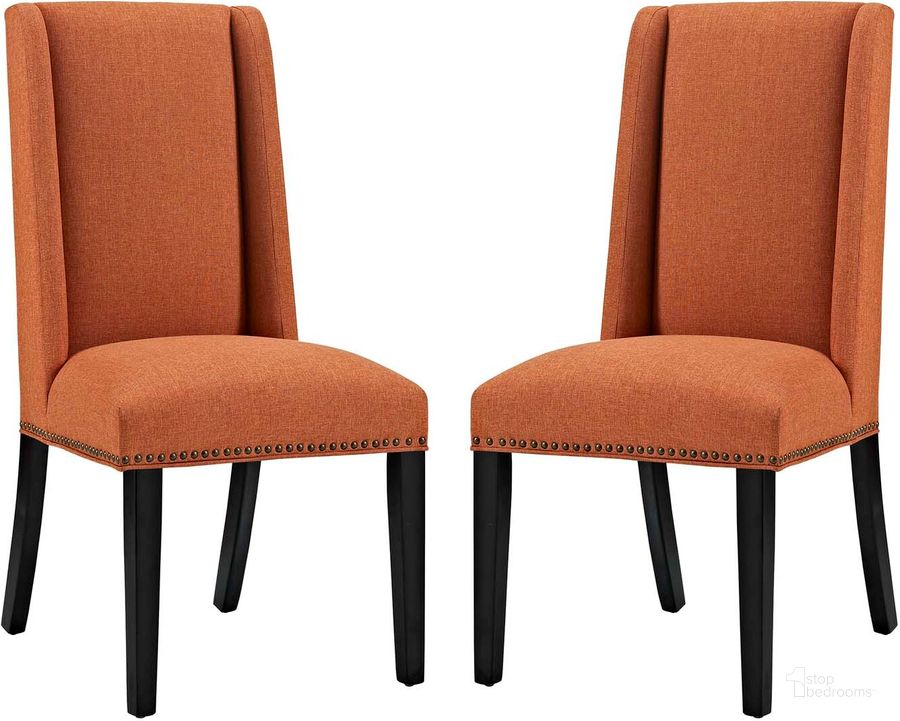 The appearance of Baron Orange Dining Chair Fabric Set of 2 designed by Modway in the modern / contemporary interior design. This orange piece of furniture  was selected by 1StopBedrooms from Baron Collection to add a touch of cosiness and style into your home. Sku: EEI-2748-ORA-SET. Material: Wood. Product Type: Dining Chair. Image1
