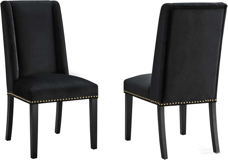 The appearance of Baron Performance Velvet Dining Chair Set Of 2 In Black designed by Modway in the modern / contemporary interior design. This black piece of furniture  was selected by 1StopBedrooms from Baron Collection to add a touch of cosiness and style into your home. Sku: EEI-5012-BLK. Material: Wood. Product Type: Dining Chair. Image1