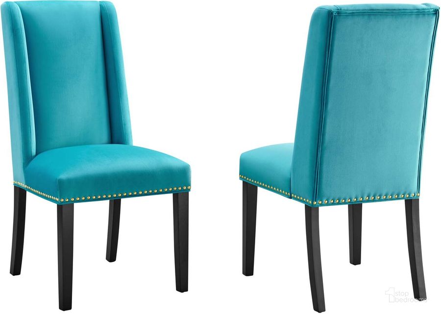 The appearance of Baron Performance Velvet Dining Chair Set Of 2 In Blue designed by Modway in the modern / contemporary interior design. This blue piece of furniture  was selected by 1StopBedrooms from Baron Collection to add a touch of cosiness and style into your home. Sku: EEI-5012-BLU. Material: Wood. Product Type: Dining Chair. Image1