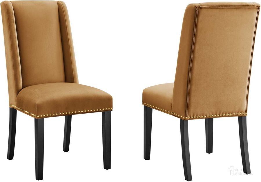 The appearance of Baron Performance Velvet Dining Chair Set Of 2 In Cognac designed by Modway in the modern / contemporary interior design. This cognac piece of furniture  was selected by 1StopBedrooms from Baron Collection to add a touch of cosiness and style into your home. Sku: EEI-5012-COG. Material: Wood. Product Type: Dining Chair. Image1