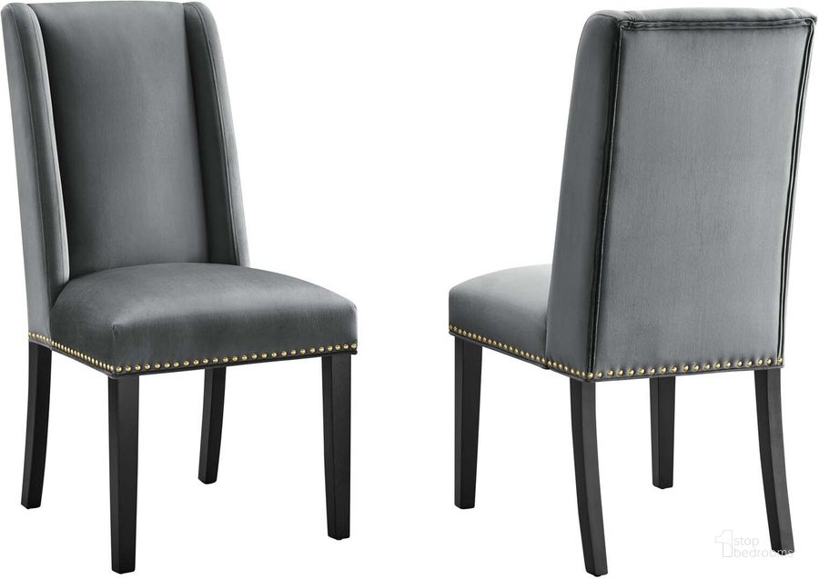 The appearance of Baron Performance Velvet Dining Chair Set Of 2 In Gray designed by Modway in the modern / contemporary interior design. This gray piece of furniture  was selected by 1StopBedrooms from Baron Collection to add a touch of cosiness and style into your home. Sku: EEI-5012-GRY. Material: Wood. Product Type: Dining Chair. Image1