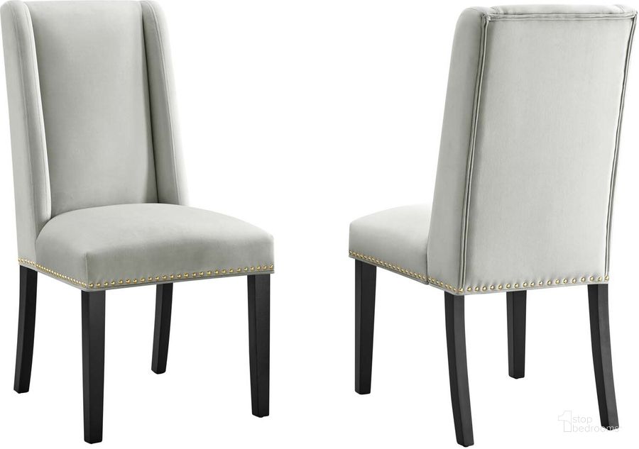 The appearance of Baron Performance Velvet Dining Chair Set Of 2 In Light Gray designed by Modway in the modern / contemporary interior design. This light gray piece of furniture  was selected by 1StopBedrooms from Baron Collection to add a touch of cosiness and style into your home. Sku: EEI-5012-LGR. Material: Wood. Product Type: Dining Chair. Image1