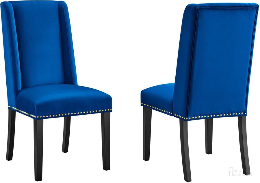 The appearance of Baron Performance Velvet Dining Chair Set Of 2 In Navy designed by Modway in the modern / contemporary interior design. This navy piece of furniture  was selected by 1StopBedrooms from Baron Collection to add a touch of cosiness and style into your home. Sku: EEI-5012-NAV. Material: Wood. Product Type: Dining Chair. Image1